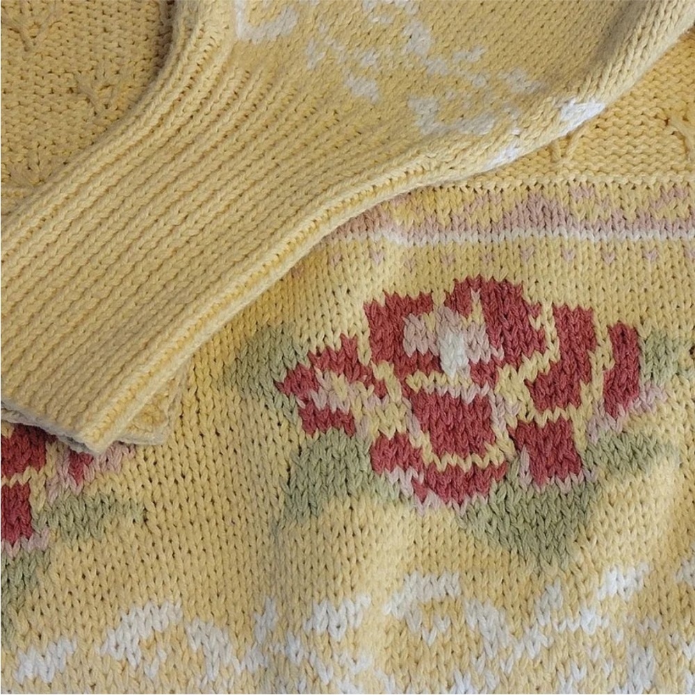 VTG 70s Yellow Pink Floral Cable Knit Vneck Sweater Large *Fits like Small - Picture 5 of 16